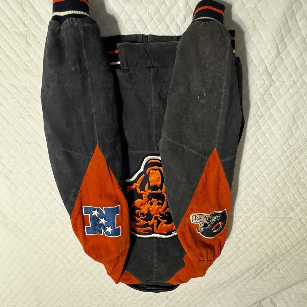 NFL Chicago Bears Mens Sz L Suede Bomber Jacket SUPERBOWL Vtg 90s Patch Blue - Picture 5 of 14